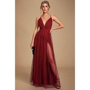 *NWT* Rare Lulus Burgundy Tulle Backless Maxi Dress S
